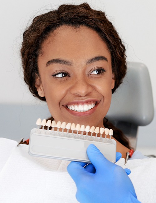 Woman's smile compared with porcelain veneers shade chart