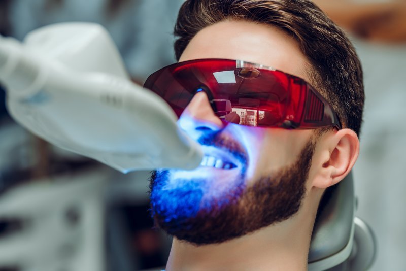 A man receiving teeth whitening from a cosmetic dentist